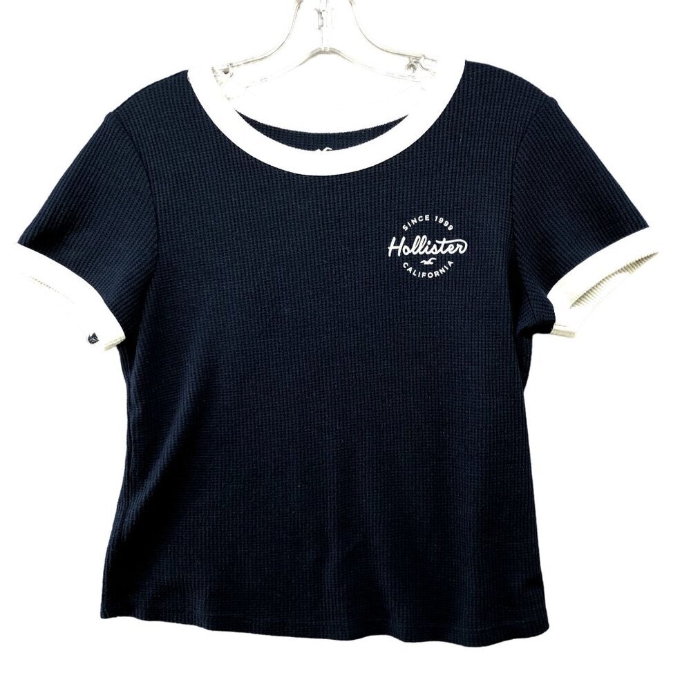Hollister Slim Tee Womens‎ M Ringer T Shirt Navy Blue Crewneck Cropped